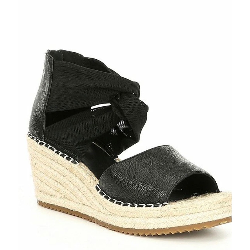 Eileen Fisher Sandals Wiley Leather Espadrille Wedge Black Size 10